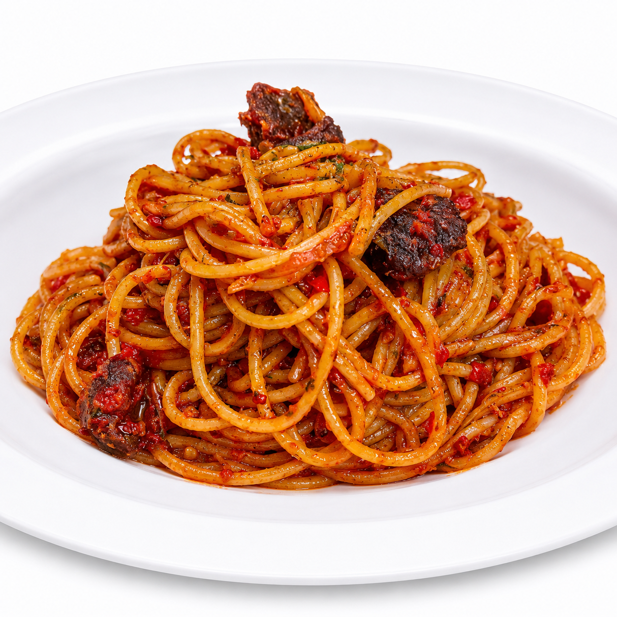 Jollof spaghetti — Spaghetti cooked down in smoky jollof sauce with beef