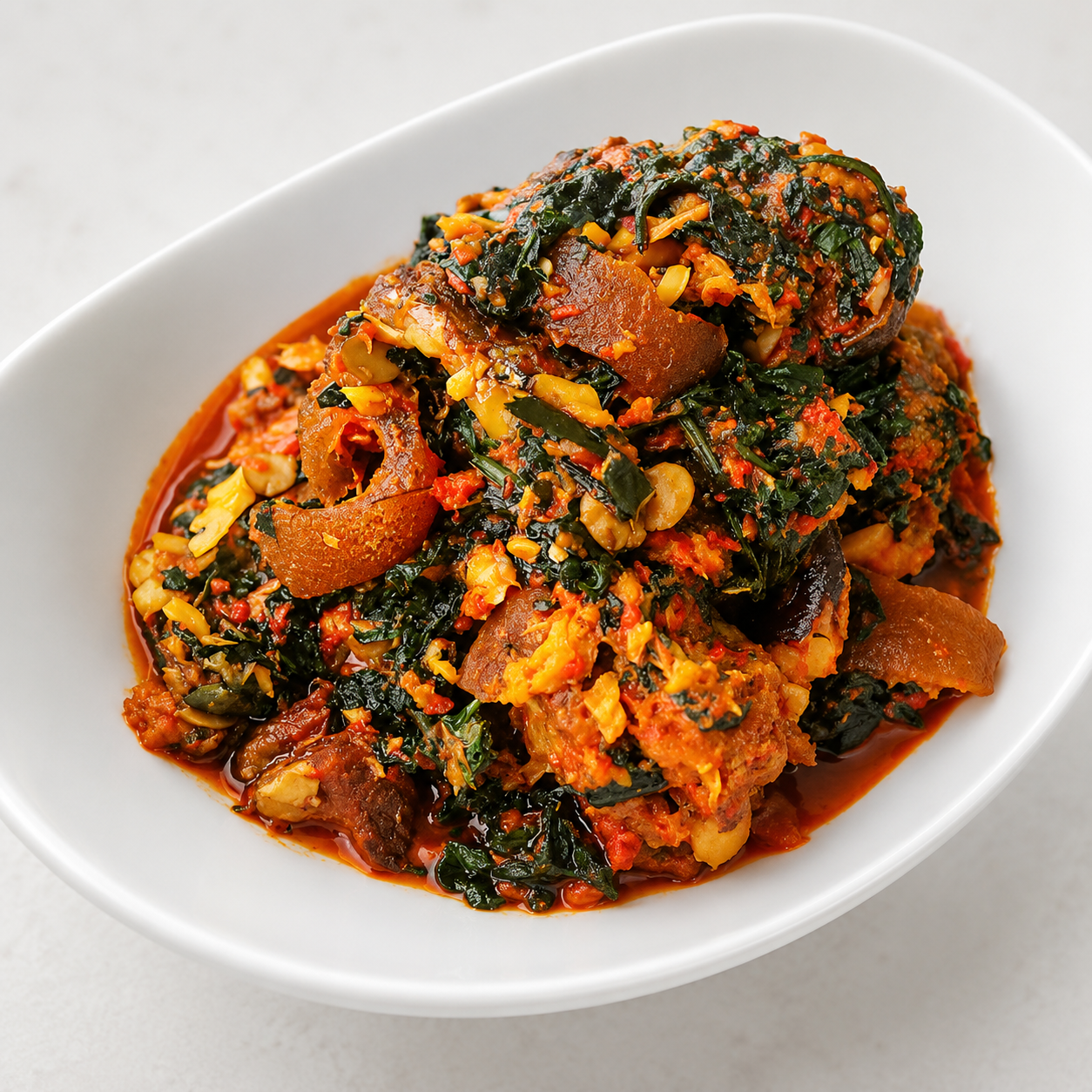 Efo riro — Rich leafy-green stew with assorted meat, cooked down properly