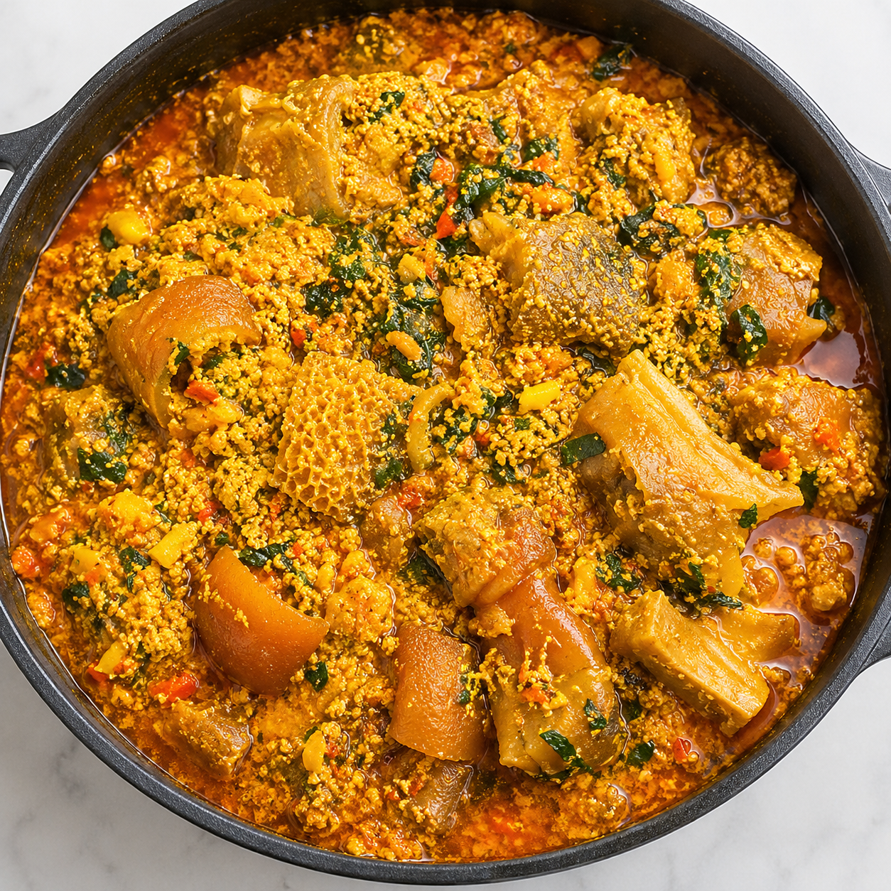 Egusi soup — Ground melon-seed soup loaded with assorted meat and greens