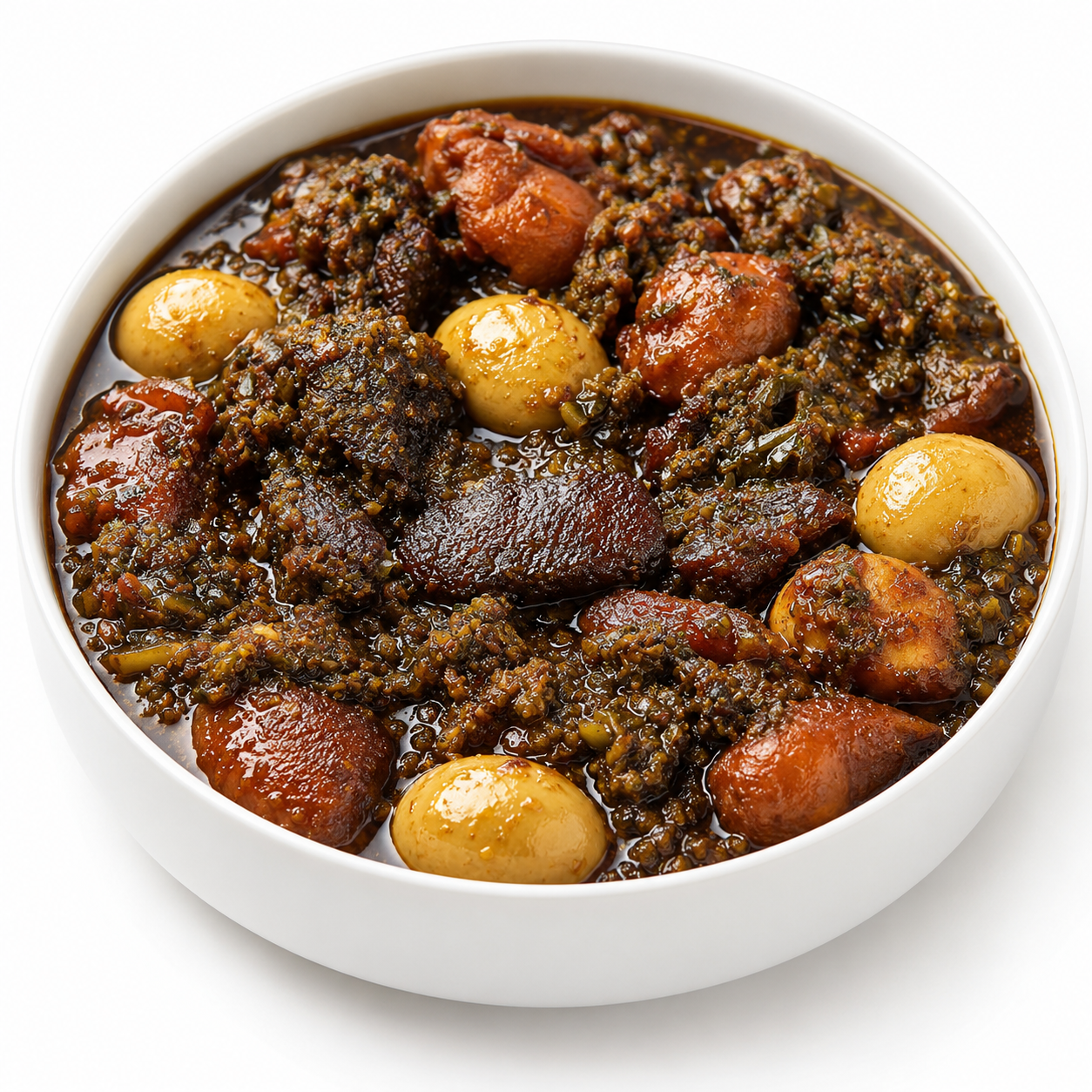 Ayamase & boiled eggs — Smoky green-pepper designer stew with assorted meat